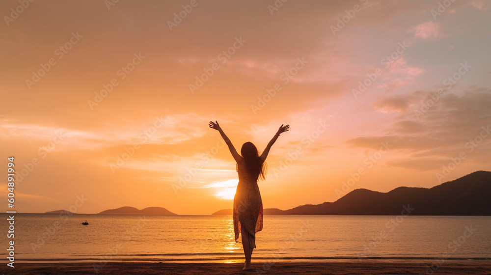 Happy woman silhouette in the sunset