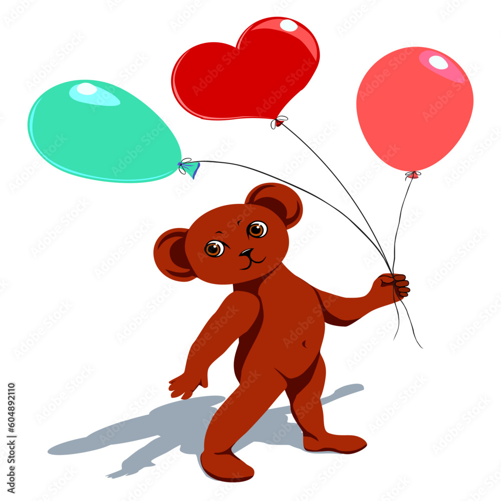 Fototapeta premium CARTOON BEAR WEARS BALLOONS. HAPPY HOLIDAY.VECTOR ILLUSTRATION ON A WHITE BACKGROUND. 