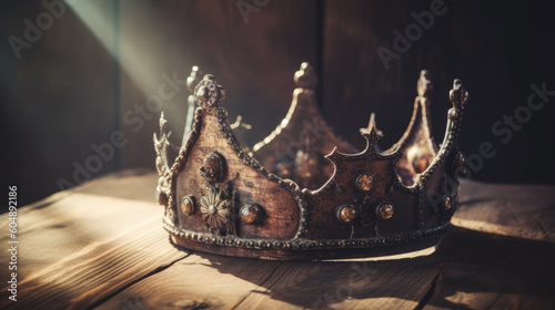 low key image of beautiful queen or king crown on old book