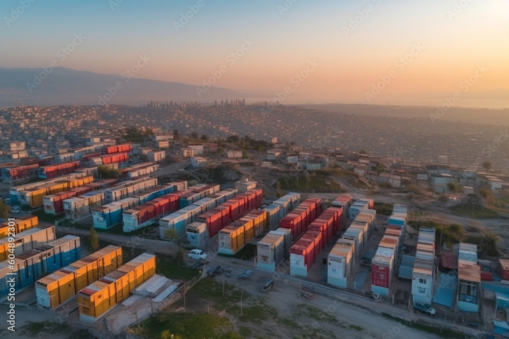 city of container houses containers with doors at sunset in turkey for the homeless, ai generation