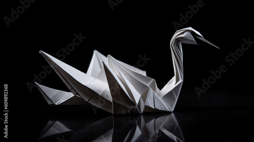 Fototapeta Naklejka Na Ścianę i Meble -  Origami paper white swan on black background