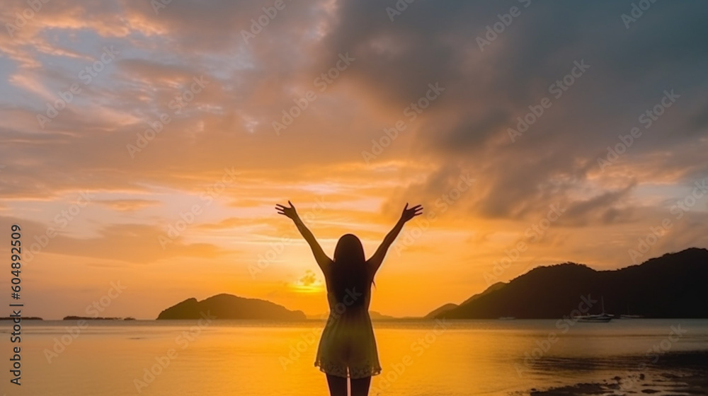 Fototapeta premium Happy woman silhouette in the sunset