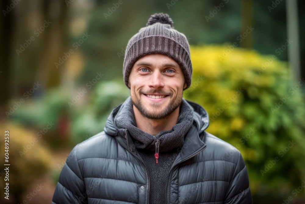 Medium shot portrait photography of a glad boy in his 30s wearing a warm beanie or knit hat against a peaceful zen garden background. With generative AI technology Medium shot portrait photography of a glad boy in his 30s wearing a warm beanie or knit hat against a peaceful zen garden background. With generative AI technology