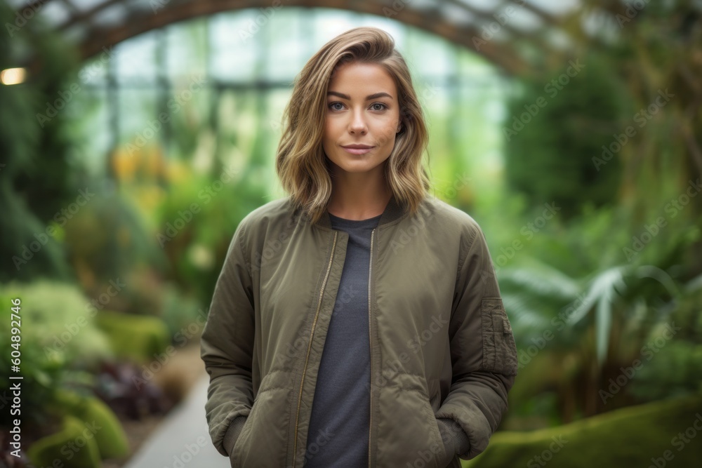 Lifestyle portrait photography of a glad mature girl wearing a sleek bomber jacket against a peaceful zen garden background. With generative AI technology Lifestyle portrait photography of a glad mature girl wearing a sleek bomber jacket against a peaceful zen garden background. With generative AI technology