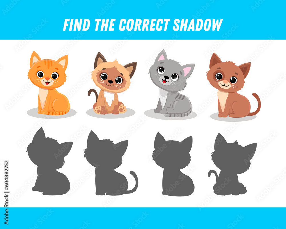 Find correct shadow of cute cats. Educational logical game for kids. Cartoon kitten. 