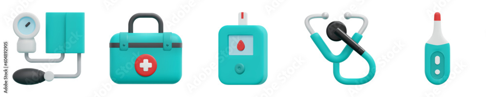 Medical equipment 3d vector icon set. Blood pressure, first aid kit, glucose meter, stethoscope, thermometer. Isolated on white background. 3d icon vector render illustration. Medical equipment 3d vector icon set. Blood pressure, first aid kit, glucose meter, stethoscope, thermometer. Isolated on white background. 3d icon vector render illustration.