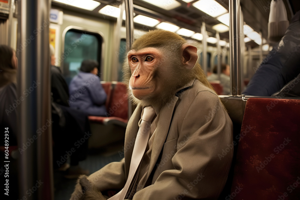 Image of a Japanese macaque in a business suit traveling to work in a subway.