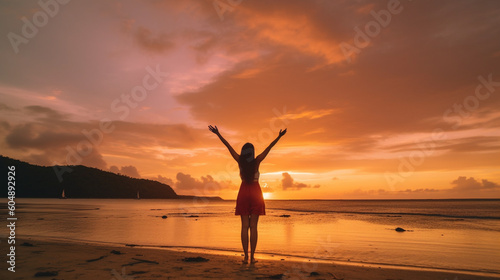 Happy woman silhouette in the sunset