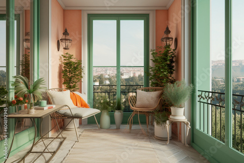 Modern cozy balcony, classic interior design with light coral, green and white colors. Super photo realistic background, generative ai illustration