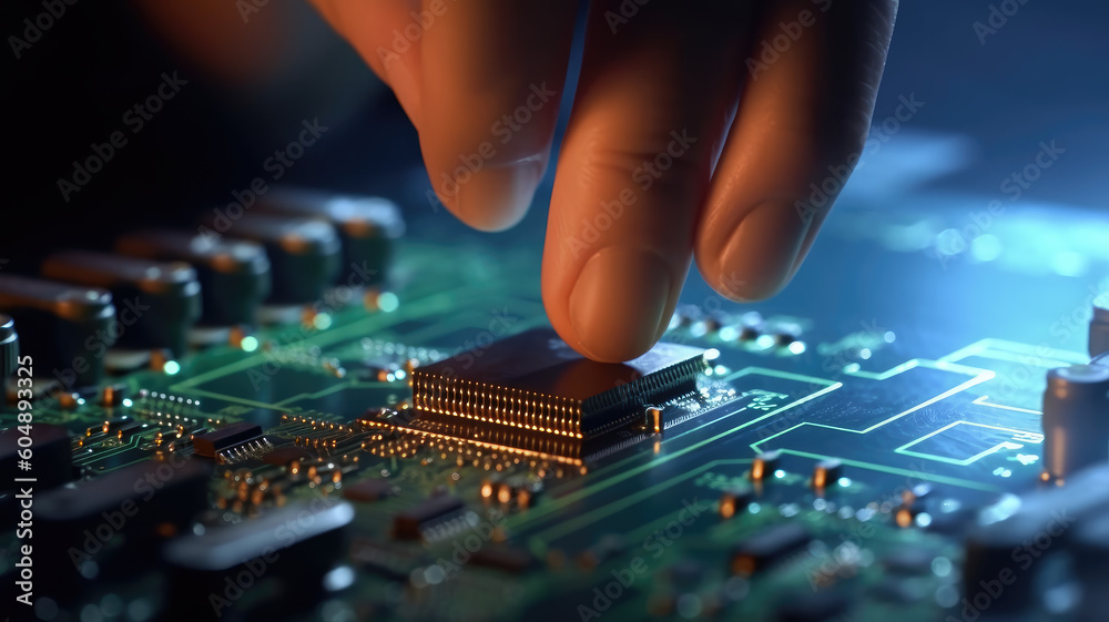 Electronic engineer hand putting computer chip on socket. Chipset on electronic circuit board of PC mother board. CPU chip. Electronic components. Computer hardware. Upgrade computer processor chip. Electronic engineer hand putting computer chip on socket. Chipset on electronic circuit board of PC mother board. CPU chip. Electronic components. Computer hardware. Upgrade computer processor chip.