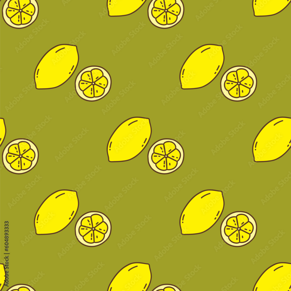 Seamless pattern with lemon. Green background. Juicy citrus. Vector illustration hand drawn print or wrapping, fabric or paper