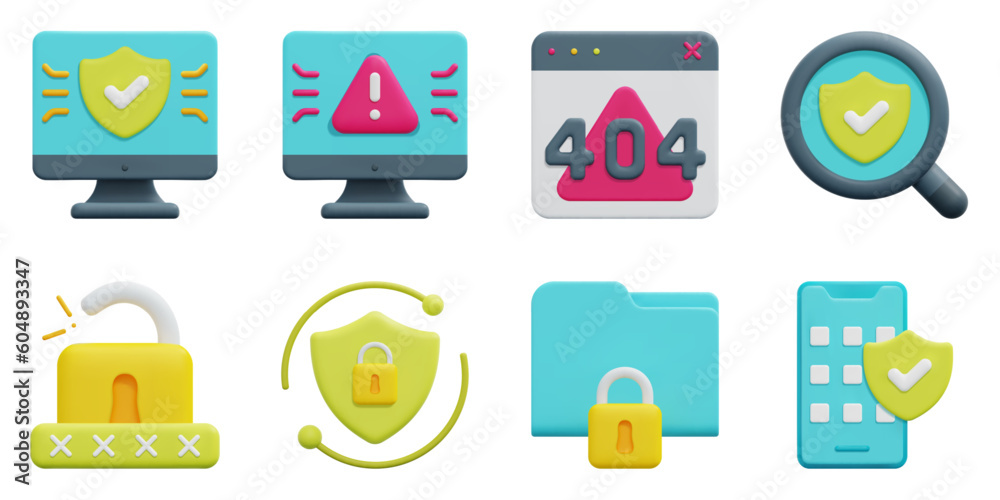 Cyber Security 3d vector icon set. Computer, cybercrime, error, password, search, secure folder, security system. Isolated on white background. 3d icon vector render illustration. Cyber Security 3d vector icon set. Computer, cybercrime, error, password, search, secure folder, security system. Isolated on white background. 3d icon vector render illustration.