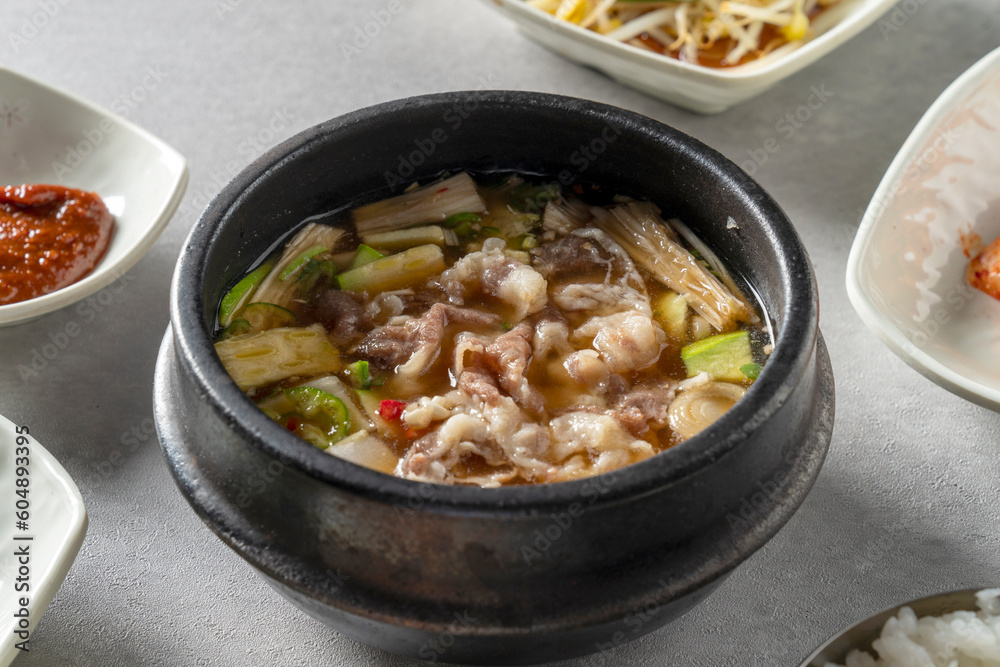 Short rib soup, beef sashimi bibimbap, soybean paste stew, yukgaejang, pork, kimchi jjigae Short rib soup, beef sashimi bibimbap, soybean paste stew, yukgaejang, pork, kimchi jjigae