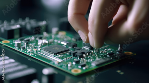Electronic engineer hand putting computer chip on socket. Chipset on electronic circuit board of PC mother board. CPU chip. Electronic components. Computer hardware. Upgrade computer processor chip. © pixcel3d