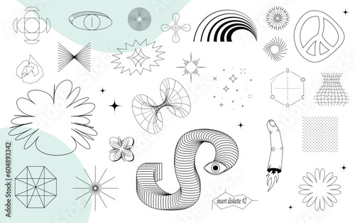 Super trendy geometric Y2K aesthetic brutalism styled linear shapes and forms. Set including stars, deformation, bubbles, arrows and other trendy shapes.