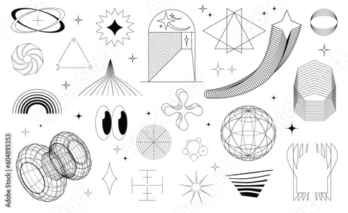 Super trendy geometric Y2K aesthetic brutalism styled linear shapes and forms. Set including stars, deformation, bubbles, arrows and other trendy shapes.