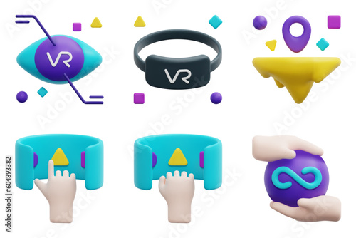 Metaverse 3d vector icon set. Vision, vr glasses, land, interaction, vr, infinity. Isolated on white background. 3d icon vector render illustration.