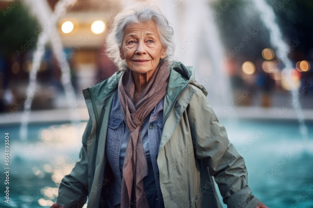 Lifestyle portrait photography of a glad old woman wearing a durable parka against a vibrant city fountain background. With generative AI technology