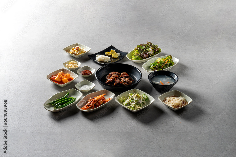 Pork ribs, makguksu, beef ribs, Korean beef sashimi,noodles Pork ribs, makguksu, beef ribs, Korean beef sashimi,noodles