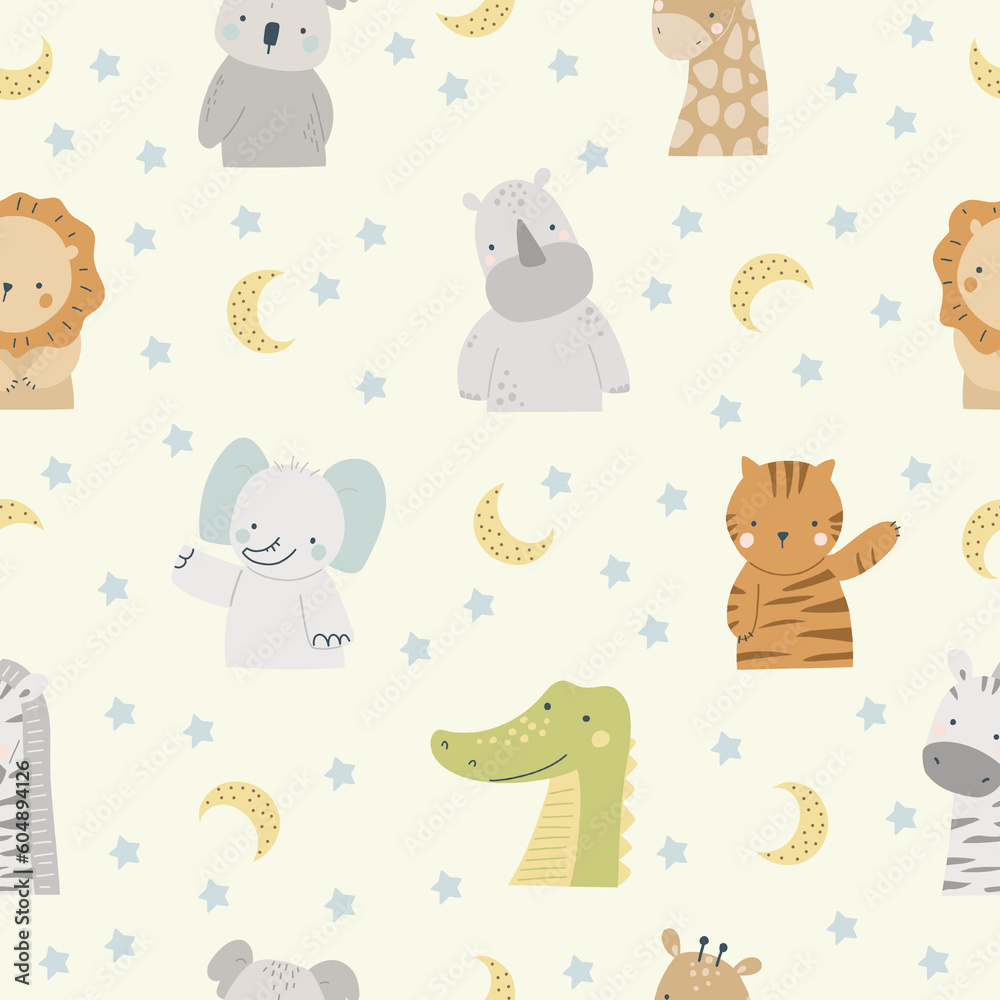 Baby safari animals kids seamless pattern, digital paper, for surface design, kids clothing, print
