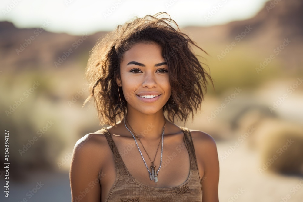 Close-up portrait photography of a glad girl in her 30s wearing a cute crop top against a picturesque desert oasis background. With generative AI technology Close-up portrait photography of a glad girl in her 30s wearing a cute crop top against a picturesque desert oasis background. With generative AI technology