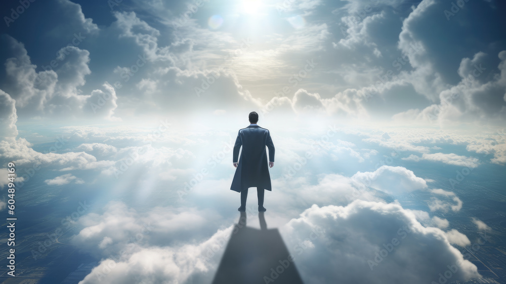 Businessman in suit and aviator hat flying in sky Businessman in suit and aviator hat flying in sky