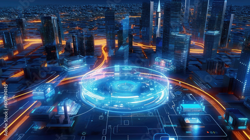 Smart city dot point connect with gradient grid line, connection technology metaverse concept. Night city banner with big data.