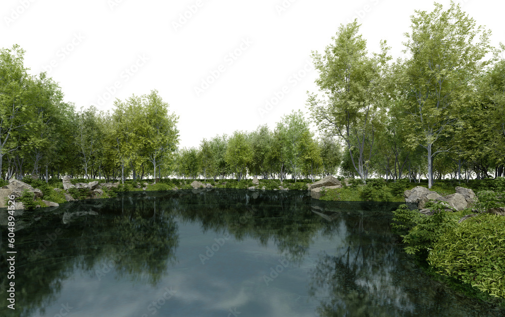 Realistic lake and forest tree line. 3d rendering of isolated objects. Realistic lake and forest tree line. 3d rendering of isolated objects.