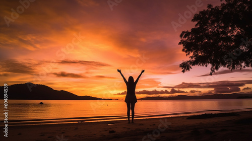 Happy woman silhouette in the sunset