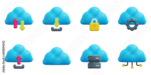 Cloud technology 3d vector icon set. Cloud computing, cloud download, cloud lock, cloud settings, cloud upload, cloud, cloud server, infrastructure. 3d icon vector render illustration.