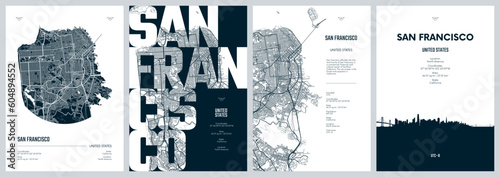 Set of travel posters with San Francisco, detailed urban street plan city map, Silhouette city skyline, vector artwork photo