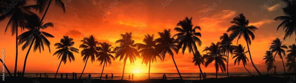 Summer vacation holiday tropical landscape travel backgrund banner panorama - Black silhouette of ocean beach with palms and people during the sunset or sunrise  (Generative Ai)