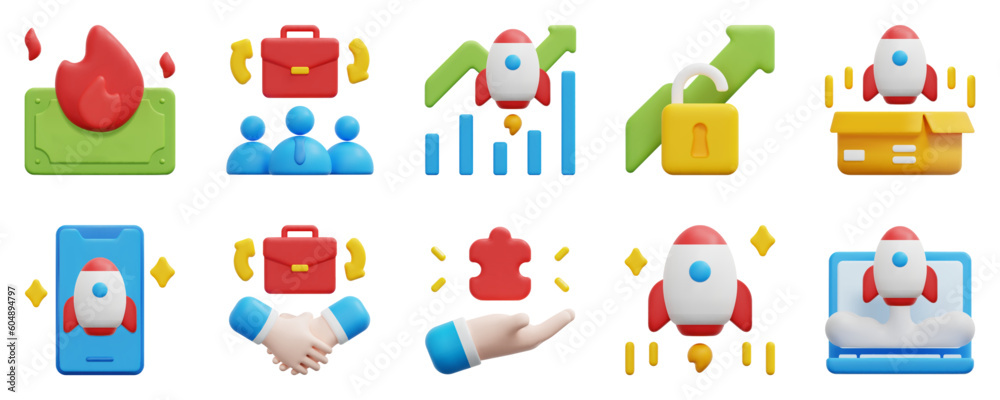 Startups 3d vector icon set. Burn, business, graph, growth, launch, mobile, partnership, puzzle, rocket, startup. Isolated on white background. 3d icon vector render illustration. Startups 3d vector icon set. Burn, business, graph, growth, launch, mobile, partnership, puzzle, rocket, startup. Isolated on white background. 3d icon vector render illustration.