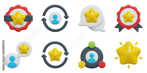 Customer Loyalty 3d vector icon set. Brand, customer, feedback, quality, rating, repurchase, satisfaction, star. Isolated on white background. 3d icon vector render illustration.