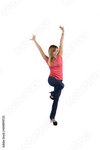 Happy and joyful woman full of energy with arms raised