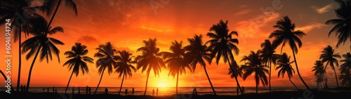 Summer vacation holiday tropical landscape travel backgrund banner panorama - Black silhouette of ocean beach with palms and people during the sunset or sunrise   Generative Ai 