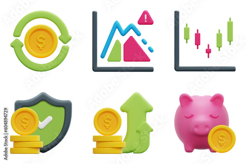 Investment 3d vector icon set. Insurance, piggy bank, profit, return on investment, risk, stock. Isolated on white background. 3d icon vector render illustration.