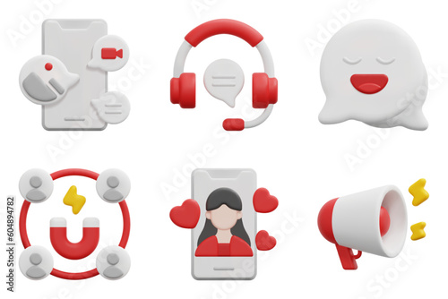 Online marketing 3d vector icon set. Content marketing, customer service, feedback, inbound marketing, influencer, megaphone. Isolated on white background. 3d icon vector render illustration.