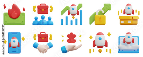 Startups 3d vector icon set. Burn, business, graph, growth, launch, mobile, partnership, puzzle, rocket, startup. Isolated on white background. 3d icon vector render illustration.