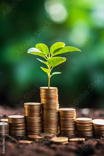 Sowing Financial Success: Ultra-Realistic Seedlings on Coin Stacks Symbolize Business Growth