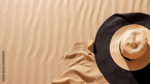 Top view of sandy beach with sun hat and towel