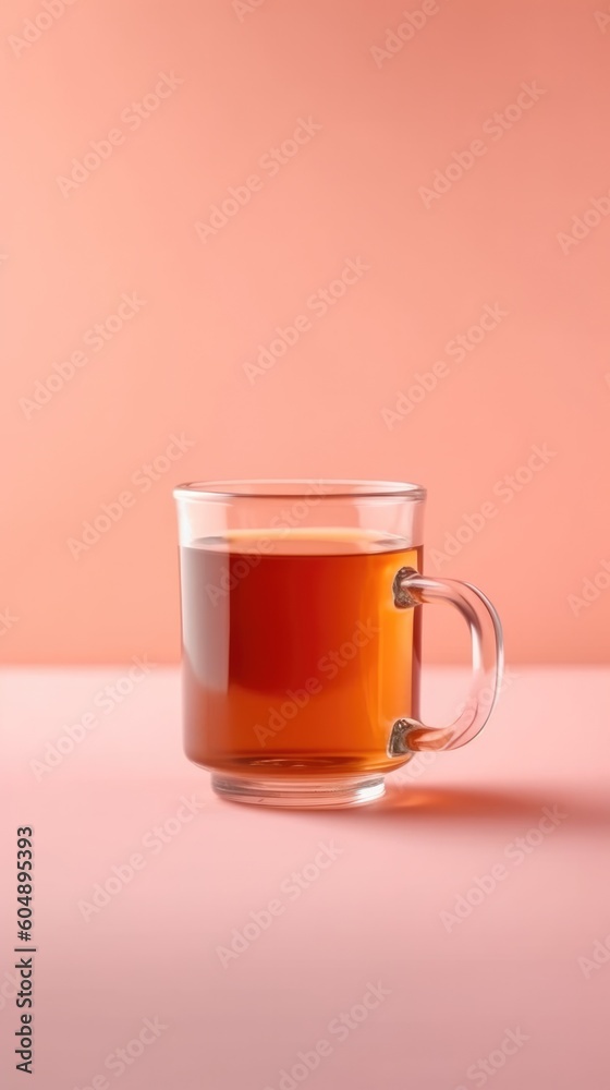 Transparent glass cup with tea on pink background copy space. Generative AI Transparent glass cup with tea on pink background copy space. Generative AI