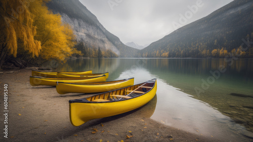 Billede på lærred Yellow canoes parked on the lake shore
