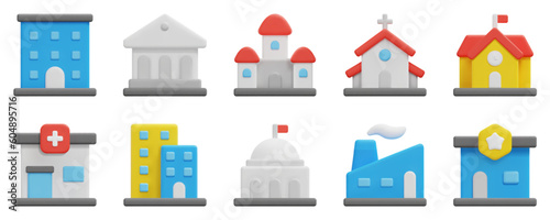 Buildings 3d vector icon set. Apartment, bank, castle, church, school, clinic, condominium, embassy, factory, police station. Isolated on white background. 3d icon vector render illustration.