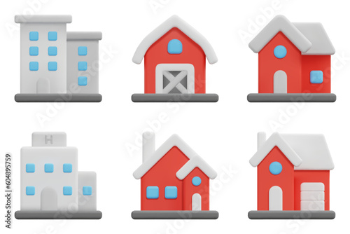 Type of houses 3d vector icon set. Apartment, barn, detached, hotel, house, villa. Isolated on white background. 3d icon vector render illustration.