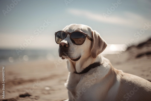 Beach Fun with a Happy Labrador: Sun, Sand, and Wagging Tails. Generative AI. © Cevko