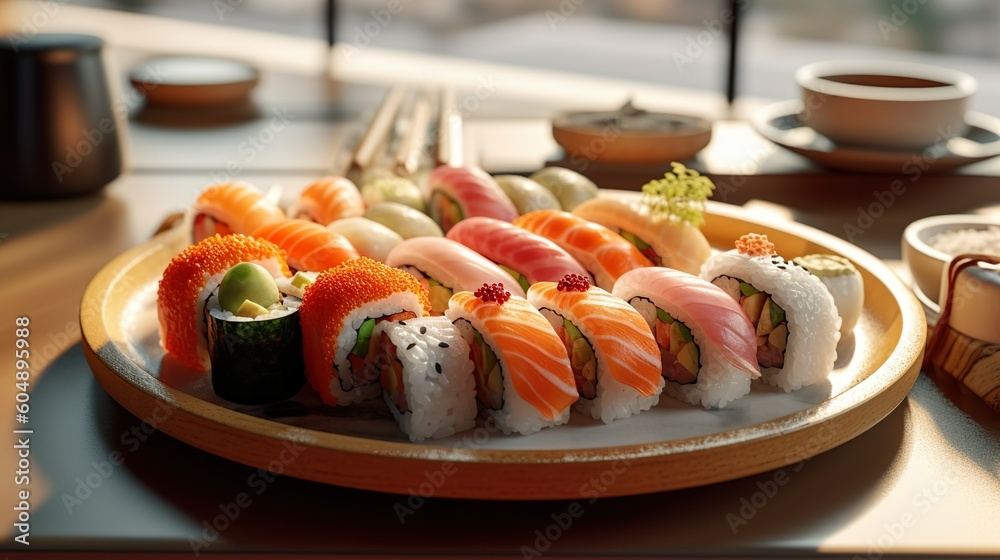 A platter of exquisite sushi made with Ai generative technology A platter of exquisite sushi made with Ai generative technology