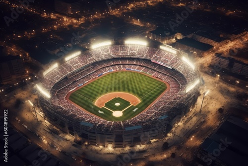 An aerial shot of a baseball stadium during a game, with the field illuminated by stadium lights, players in action, and fans cheering in the stands. Generative AI