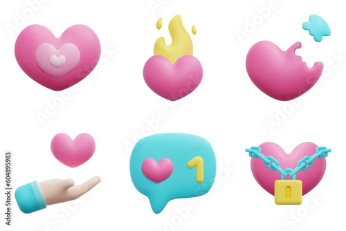 Heart 3d vector icon set. Hand, like, locked heart, loving, passion, fulfill. Isolated on white background. 3d icon vector render illustration.