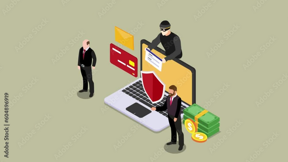 Hacker stealing password out of a laptop guarded by security guards Hacker stealing password out of a laptop guarded by security guards